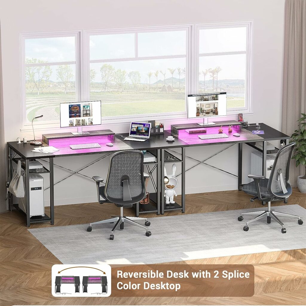 armocity Computer Desk with LED Lights, 48 Inch Desk with Power Outlet and USB, Reversible Large Desk with Moveable Monitor Stand, 48 Gaming PC Table for Home Office, Workstation, Grey and Black
