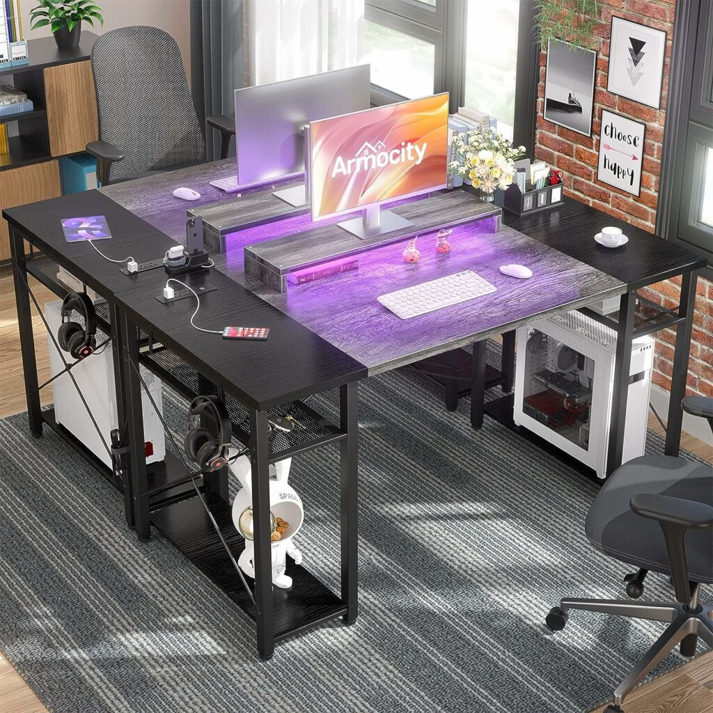 armocity Computer Desk with LED Lights, 48 Inch Desk with Power Outlet and USB, Reversible Large Desk with Moveable Monitor Stand, 48 Gaming PC Table for Home Office, Workstation, Grey and Black