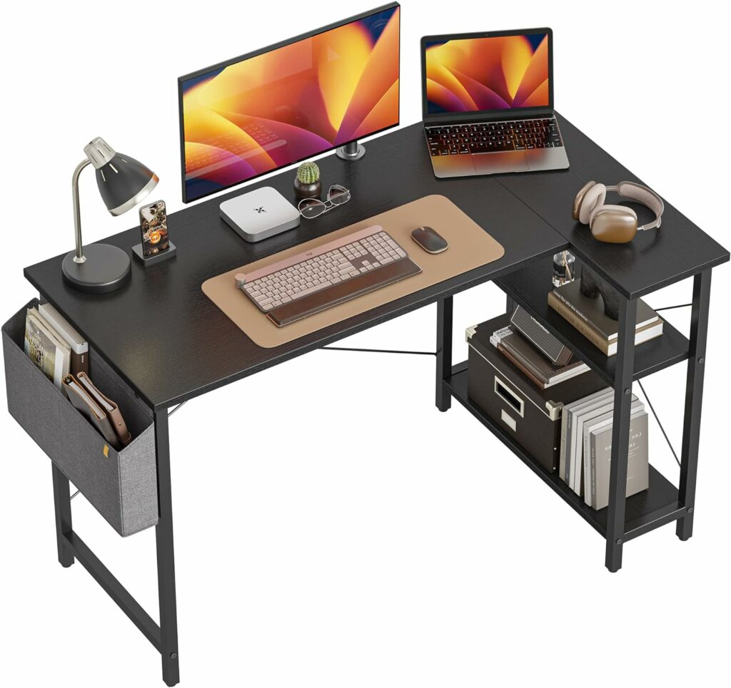 CubiCubi 40 Inch Small L Shaped Computer Desk with Storage Shelves Home Office Corner Desk Study Writing Table, Black