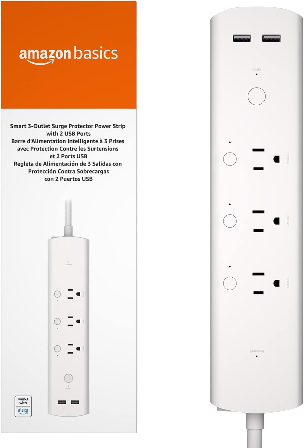 Amazon Basics Rectangular Smart Plug Power Strip, Surge Protector with 3 Individually Controlled Smart Outlets and 2 USB Ports, 2.4 GHz Wi-Fi, Works with Alexa, White, 11.02 x 2.56 x 1.38 in