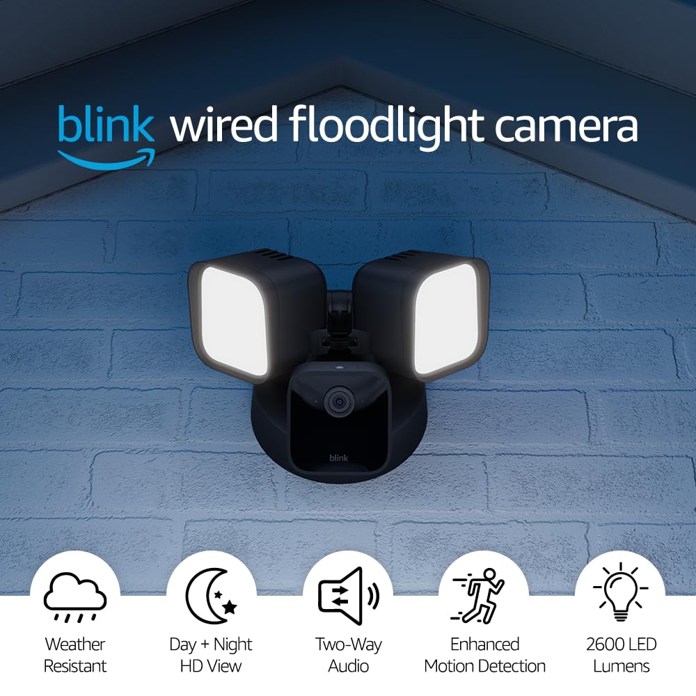 Blink Wired Floodlight Camera – Smart security camera, 2600 lumens, HD live view, enhanced motion detection, built-in siren, Works with Alexa – 1 camera (Black)