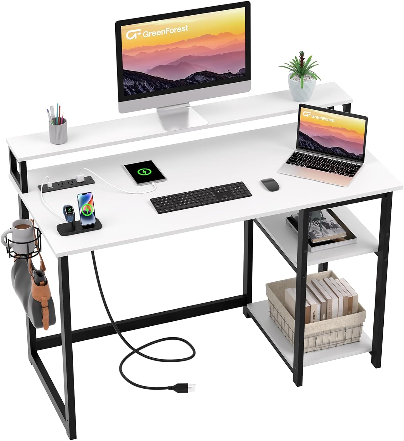 GreenForest Computer Desk with USB Charging Port and Power Outlet, Reversible Small Desk with Monitor Stand and Storage Shelves for Home Office, 40 in Work Desk with Cup Holder Hook, White