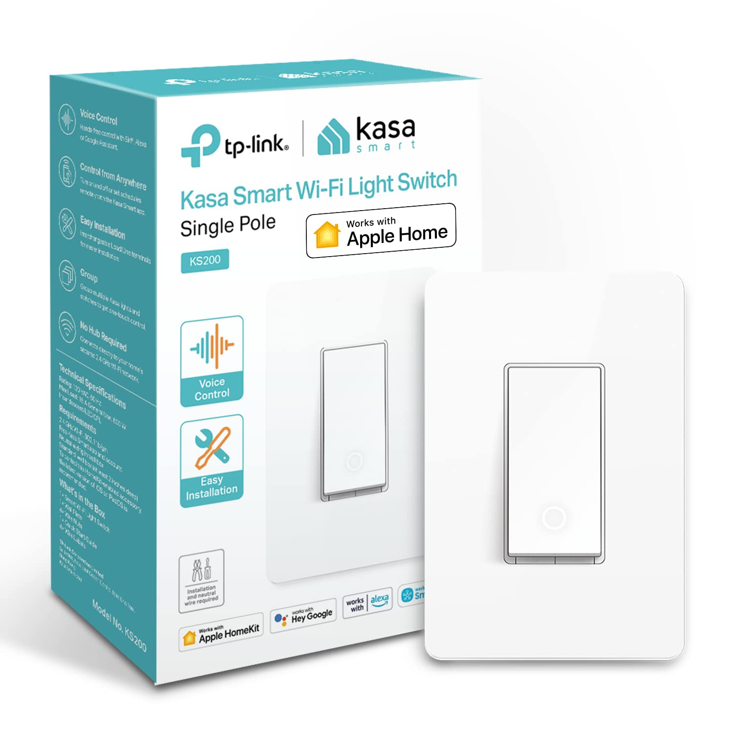Kasa Apple HomeKit Smart Light Switch KS200, Single Pole, Neutral Wire Required, 2.4GHz Wi-Fi Light Switch Works with Siri, Alexa and Google Home, UL Certified, No Hub Required, White