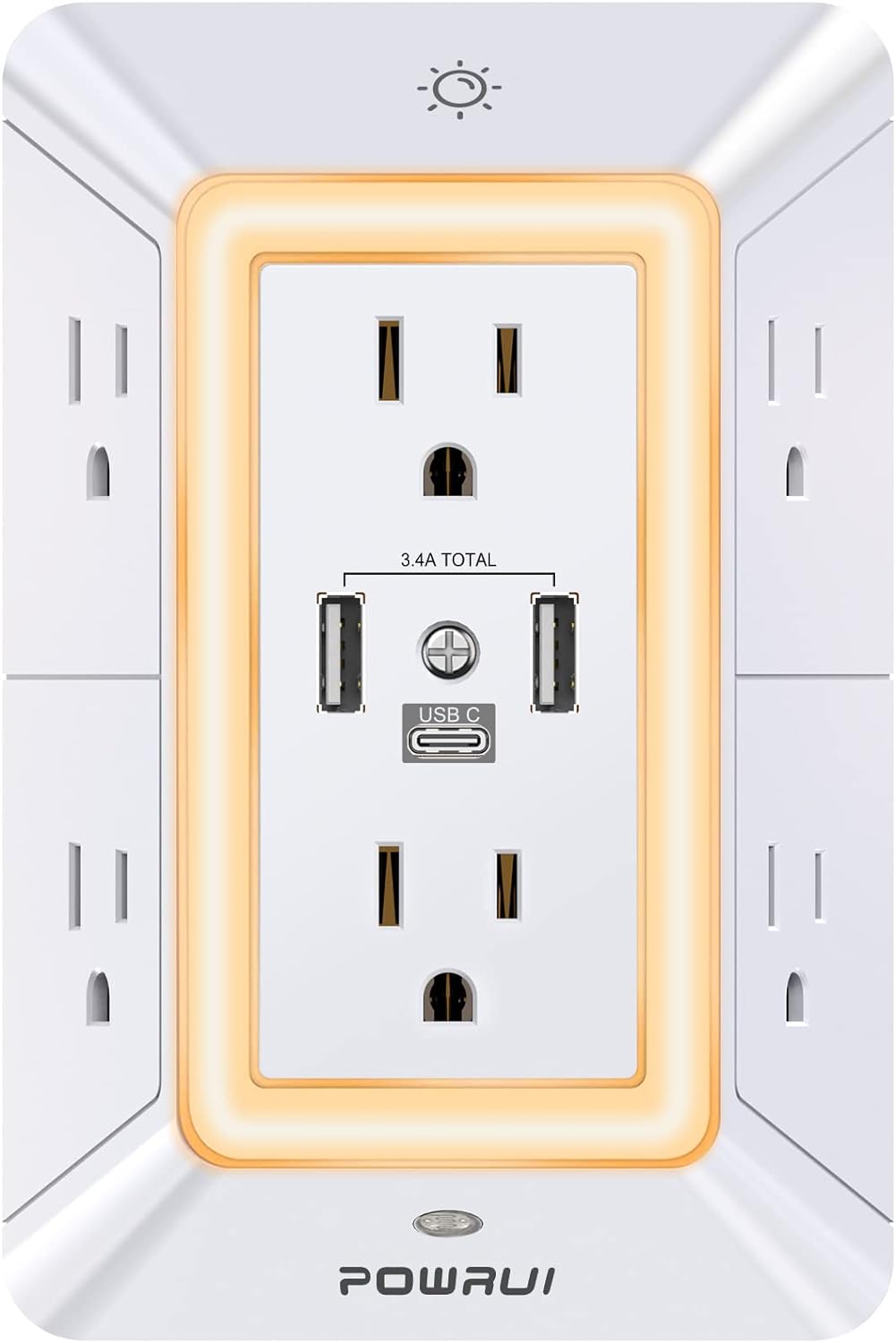 Multi Plug Outlet Surge Protector - POWRUI 6 Outlet Extender with 3 USB Ports (1 USB C) and Night Light, 3-Sided Power Strip with Adapter Spaced Outlets - White，ETL Listed